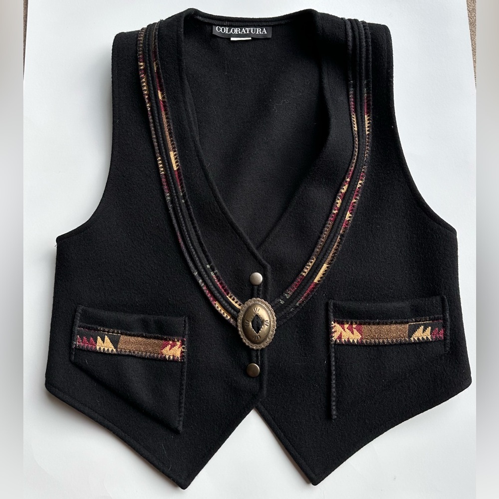 Coloratura 100% Wool Vintage Black Southwestern Vest. Size S